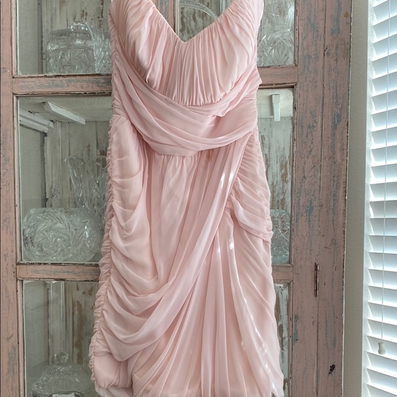 Blush Pink Maxi Asymmetrical Pleated Ruched Gown - Picture 1 of 8